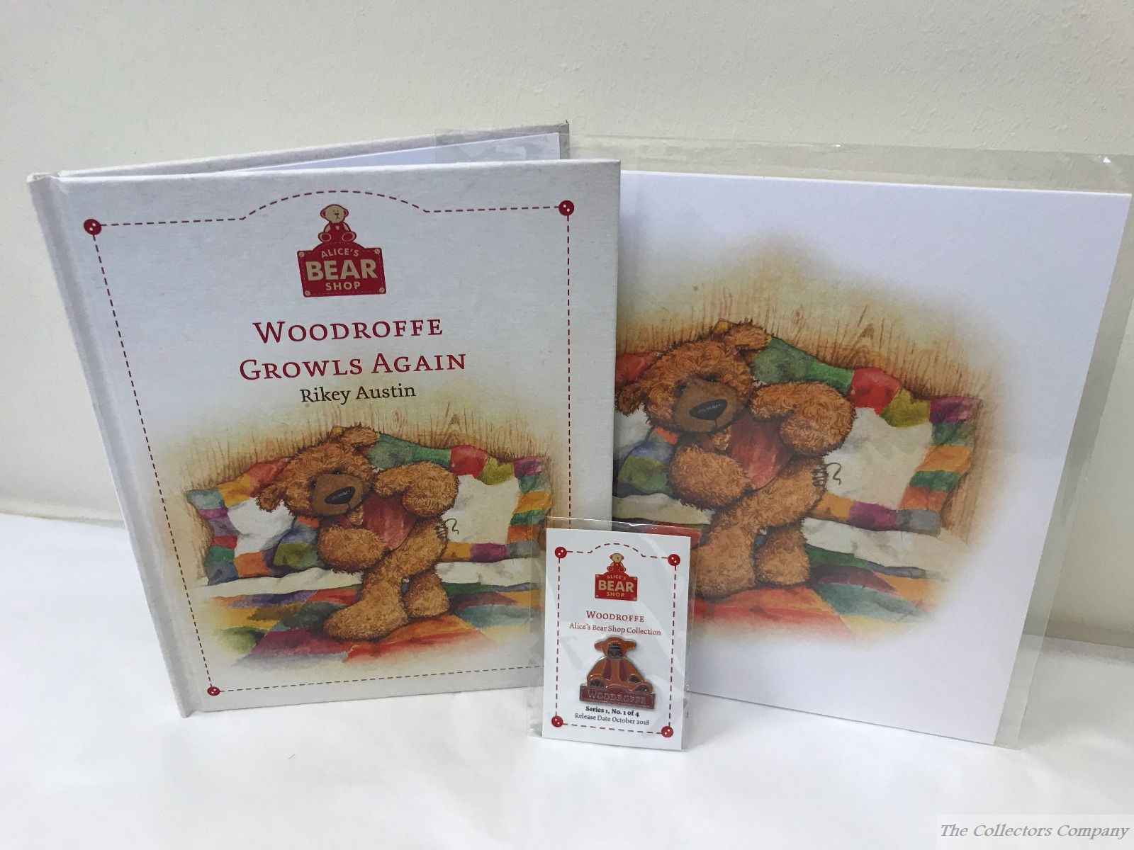 Alice's Bear Shop: Woodroffe Growls Again storybook, Art print and lapel badge