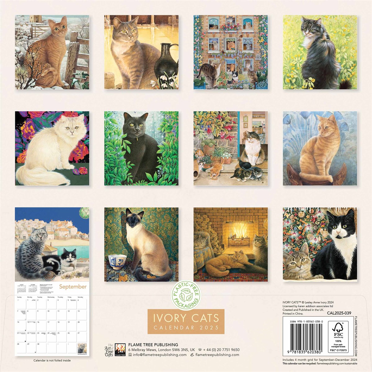 Ivory Cats Calendar 2025, Flame Tree Publishing 250873 Vintage Cat Calendar 2025